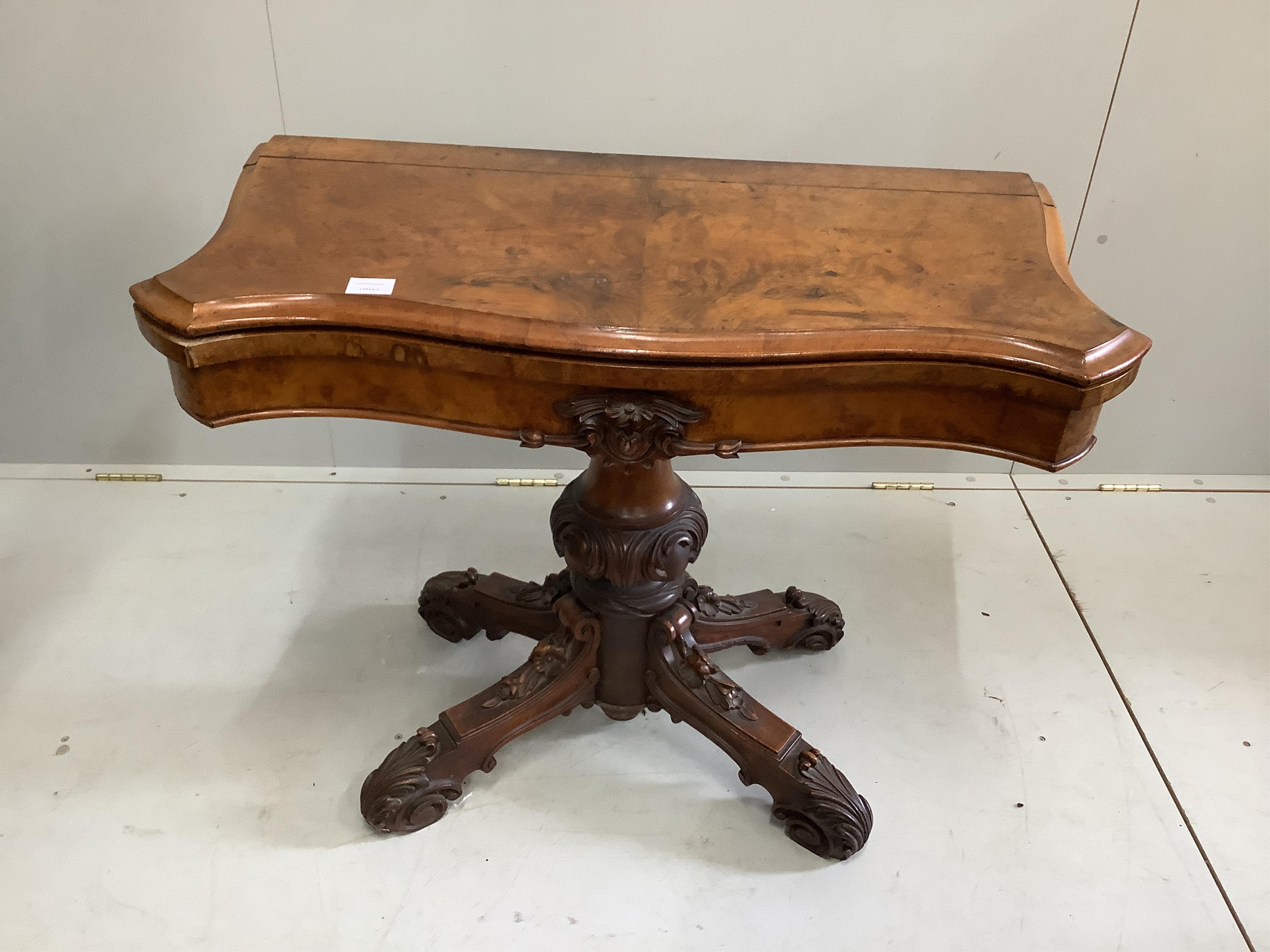 A Victorian burr walnut folding card table, width 92cm, depth 46cm, height 71cm. Condition - poor